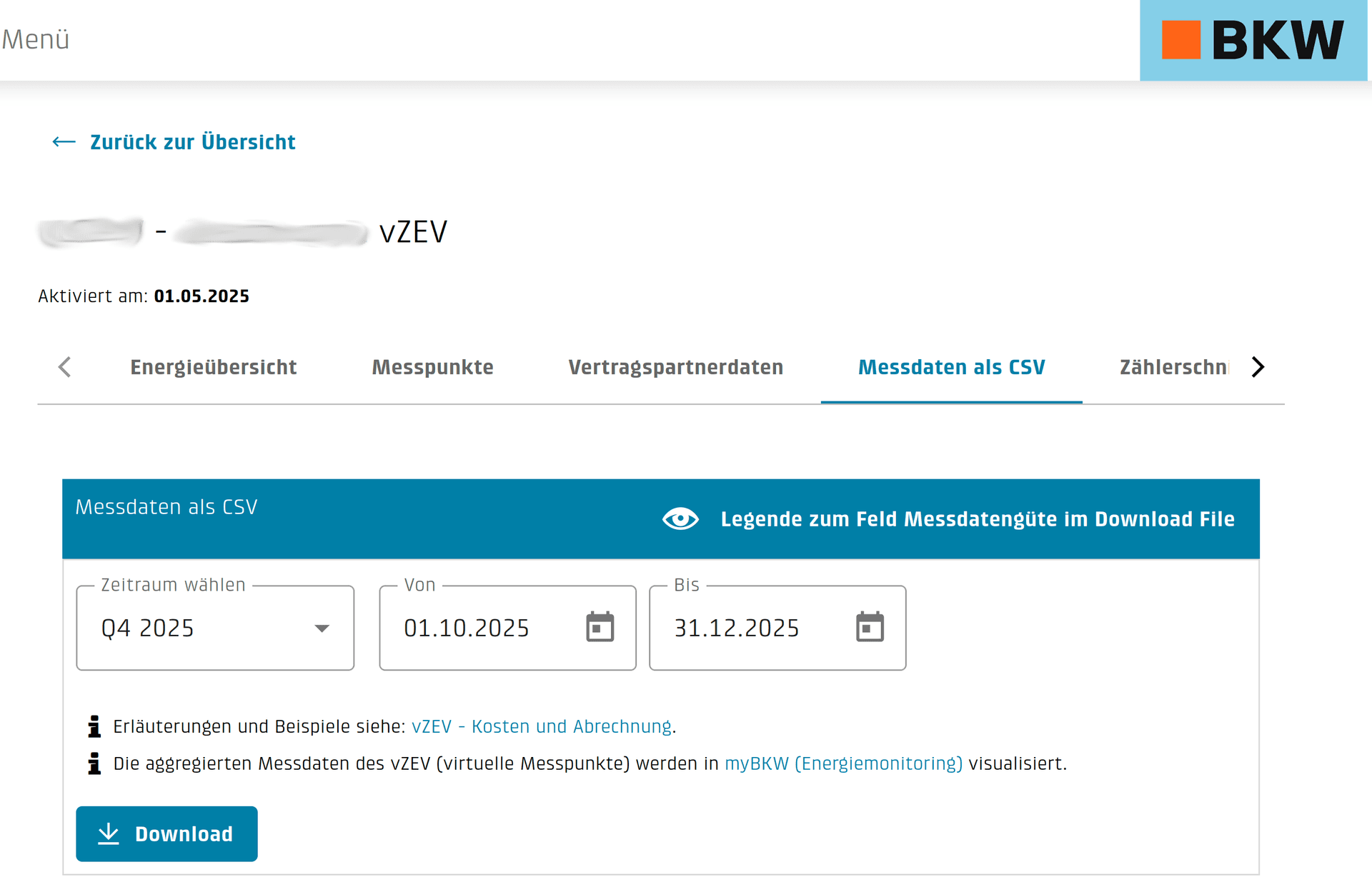 Energieportal CSV-Download-Tab mit Zeitraumauswahl