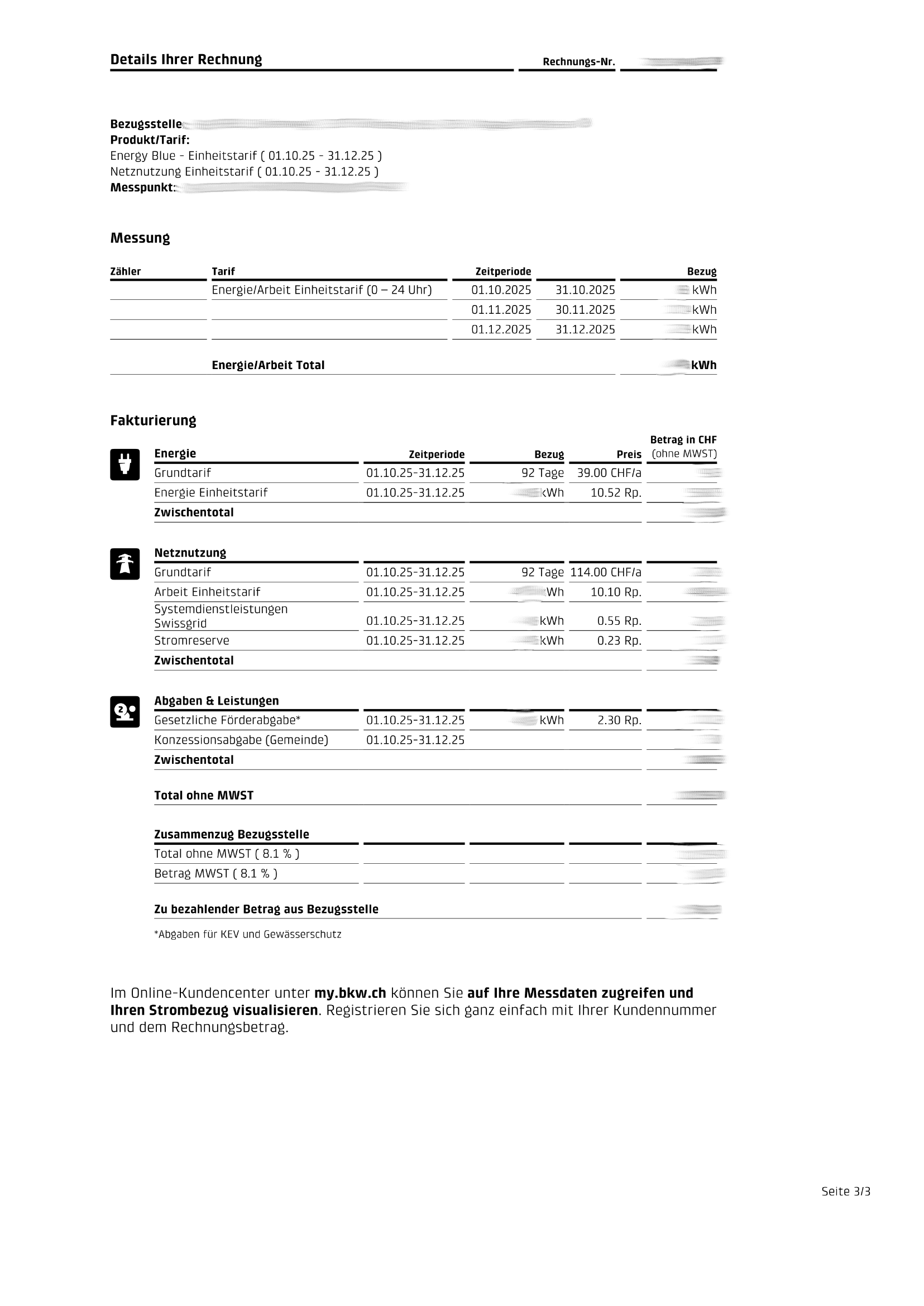 Netzrechnungsdetail mit Energietarifen, Netzgebühren und Abgabenaufschlüsselung