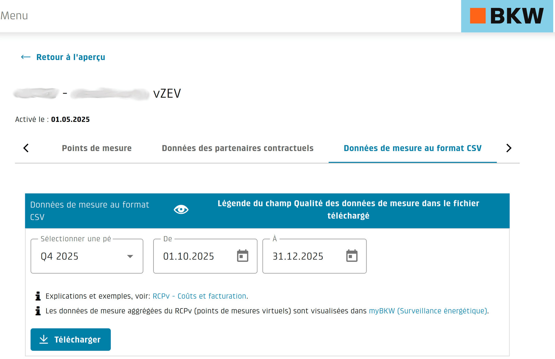 Onglet de téléchargement CSV du portail énergétique RCPv avec sélection de la période